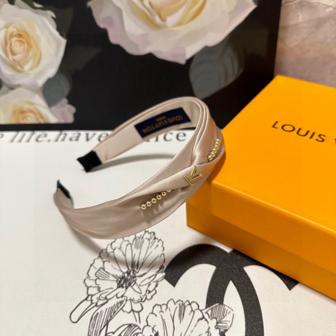 Blush Satin Headband with Gold LV-Inspired Detail – Pearled Accent for Refined Femininity - Image 3