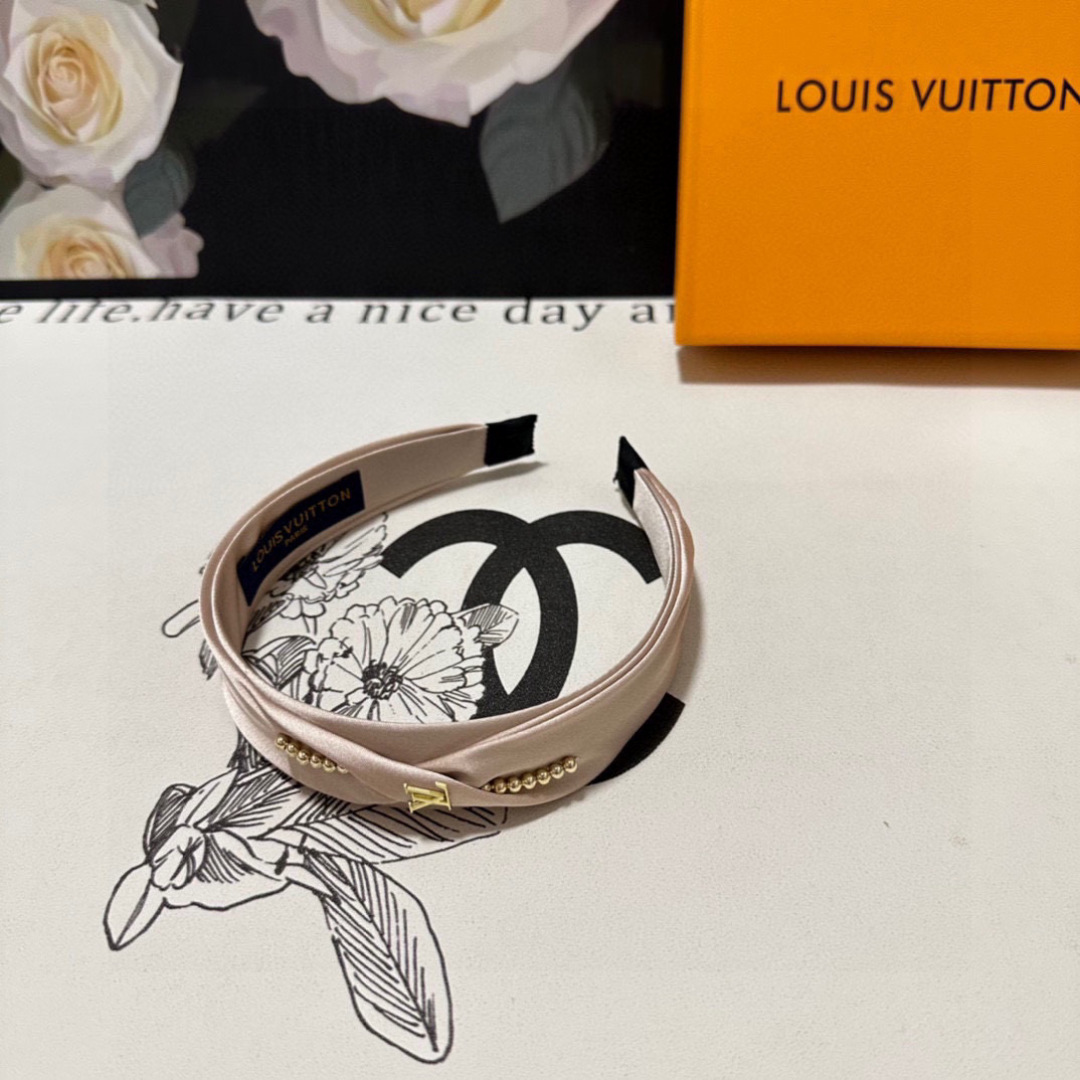Blush Satin Headband with Gold LV-Inspired Detail – Pearled Accent for Refined Femininity - Image 4