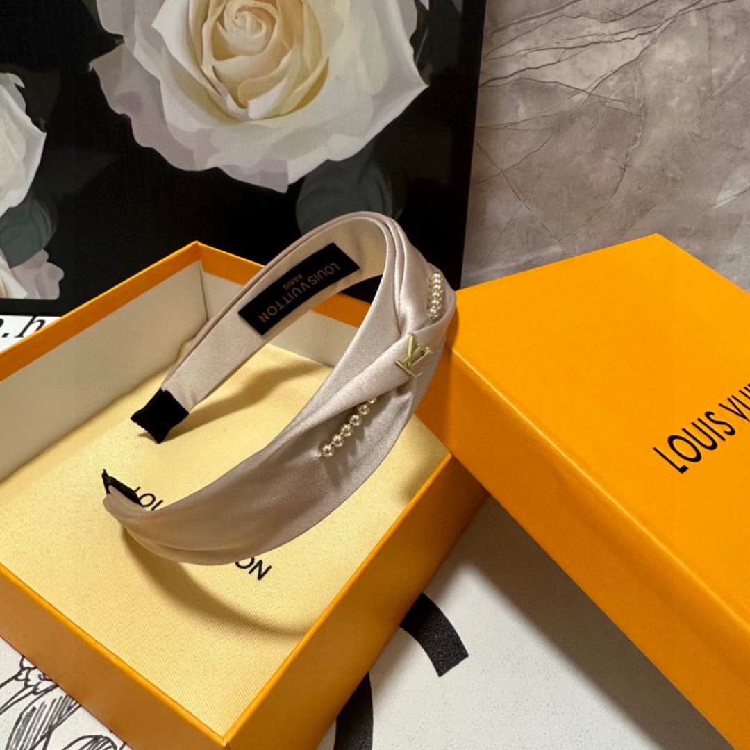 Blush Satin Headband with Gold LV-Inspired Detail – Pearled Accent for Refined Femininity - Image 5