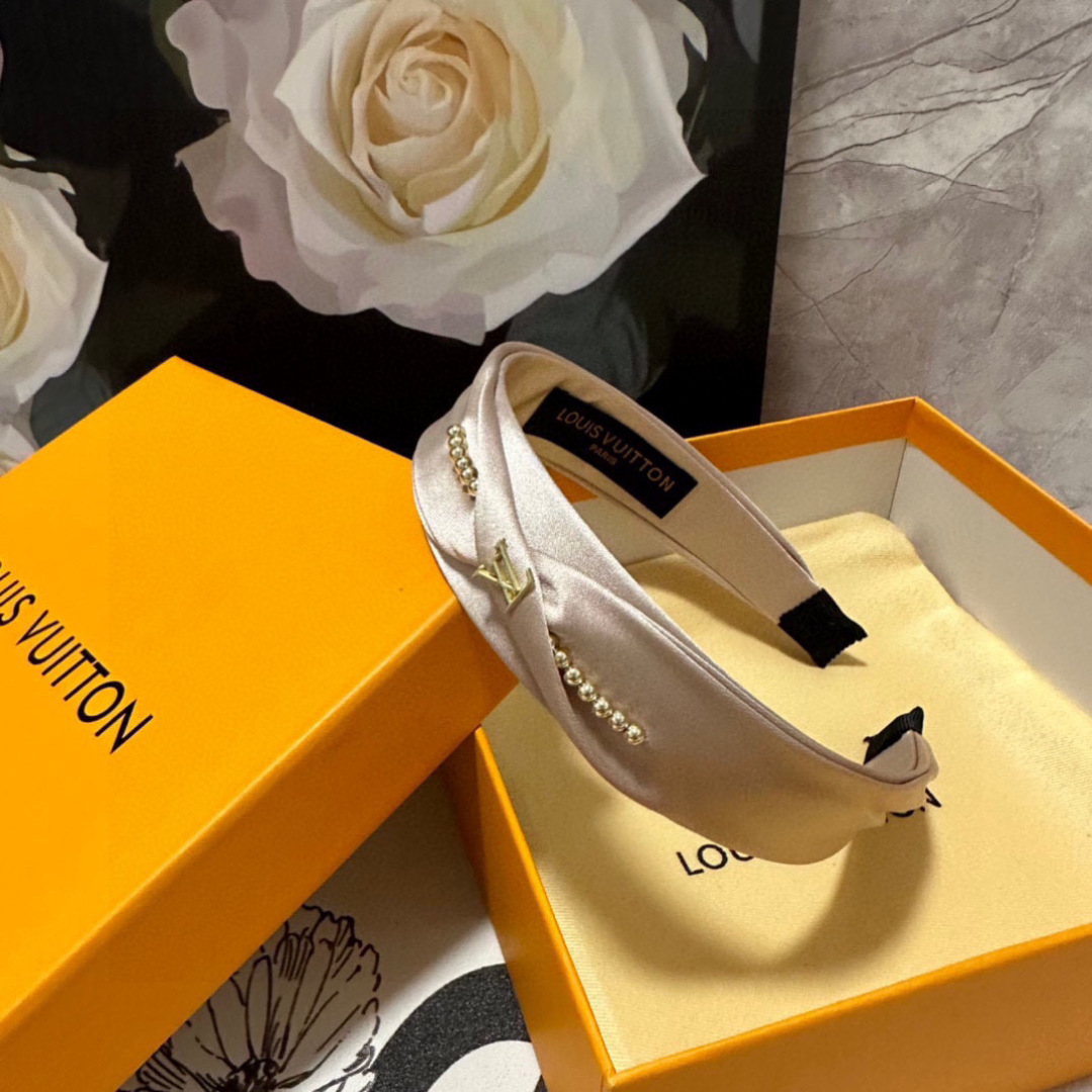 Blush Satin Headband with Gold LV-Inspired Detail – Pearled Accent for Refined Femininity - Image 6