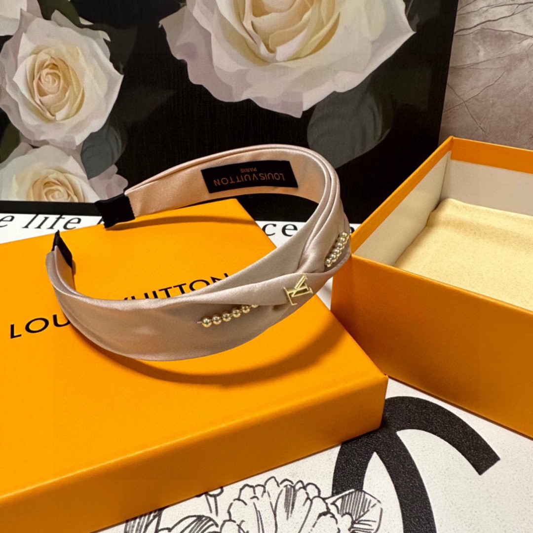 Blush Satin Headband with Gold LV-Inspired Detail – Pearled Accent for Refined Femininity - Image 7
