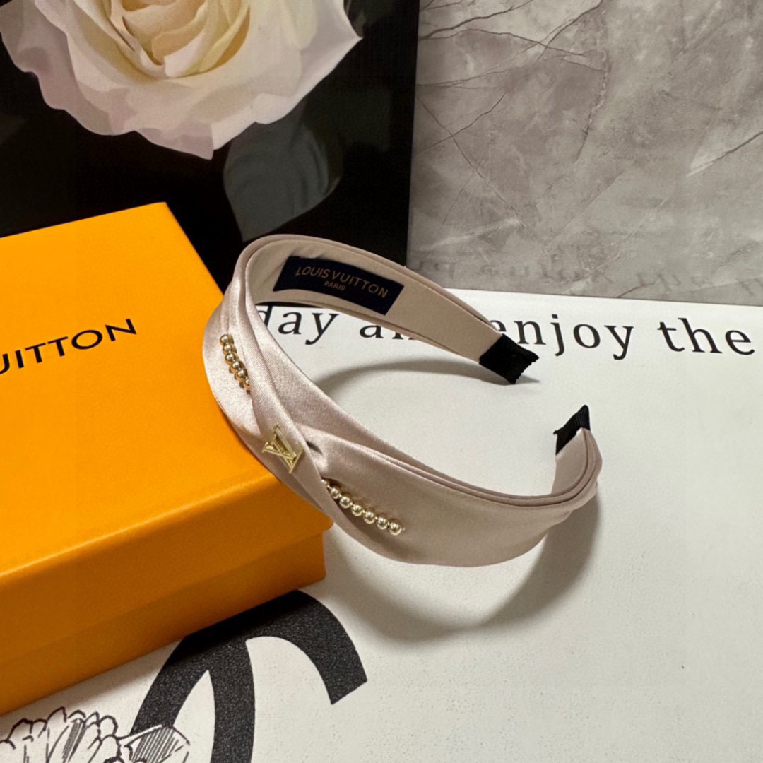 Blush Satin Headband with Gold LV-Inspired Detail – Pearled Accent for Refined Femininity - Image 8
