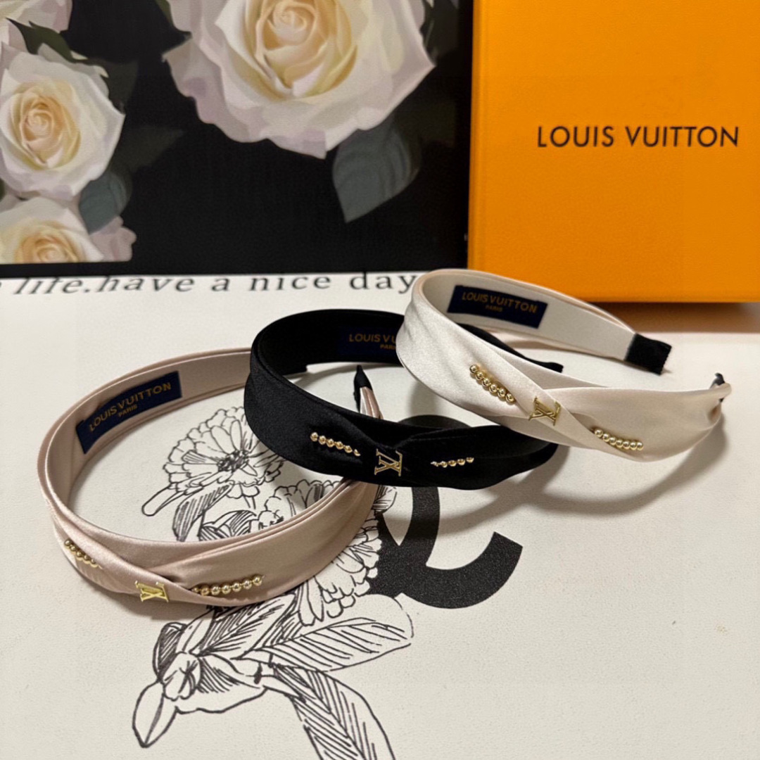 Blush Satin Headband with Gold LV-Inspired Detail – Pearled Accent for Refined Femininity - Image 9