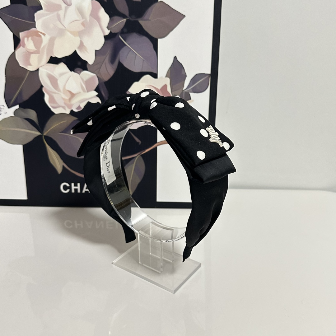 Black Polka Dot Satin Bow Headband – Retro French Style with Dior-Inspired Logo