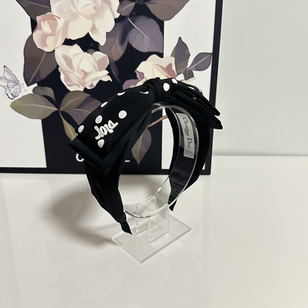 Black Polka Dot Satin Bow Headband – Retro French Style with Dior-Inspired Logo - Image 9