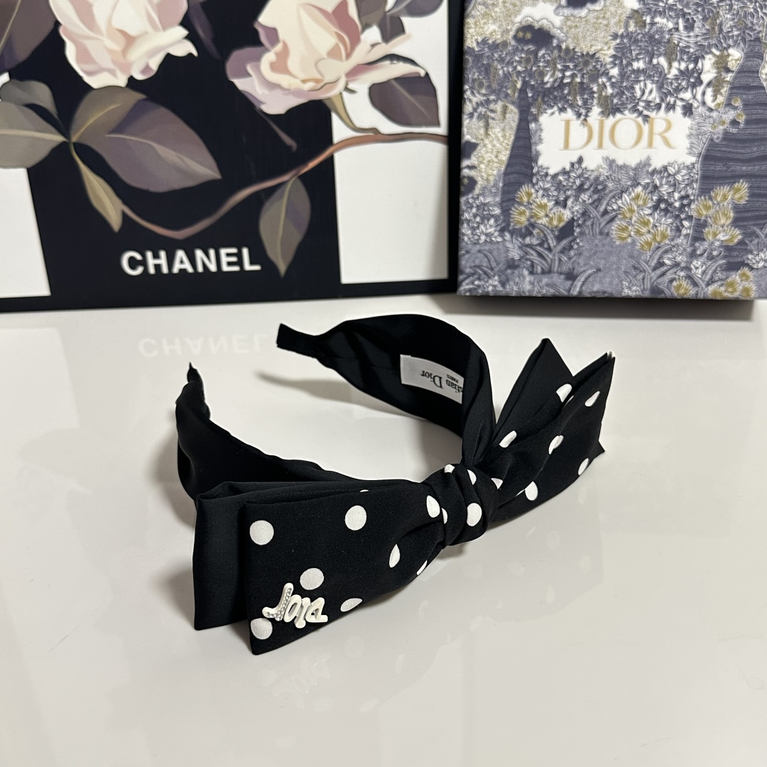 Black Polka Dot Satin Bow Headband – Retro French Style with Dior-Inspired Logo - Image 2