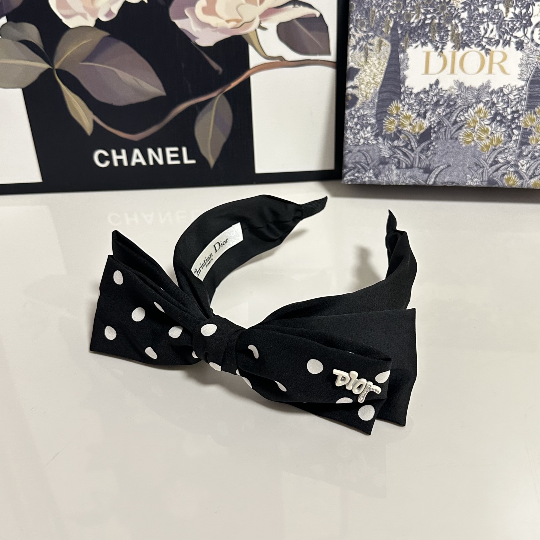 Black Polka Dot Satin Bow Headband – Retro French Style with Dior-Inspired Logo - Image 3