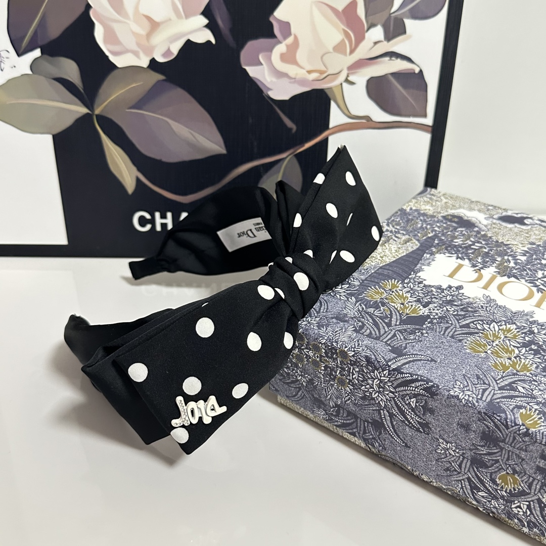 Black Polka Dot Satin Bow Headband – Retro French Style with Dior-Inspired Logo - Image 4
