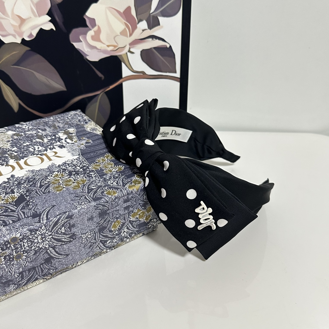 Black Polka Dot Satin Bow Headband – Retro French Style with Dior-Inspired Logo - Image 5