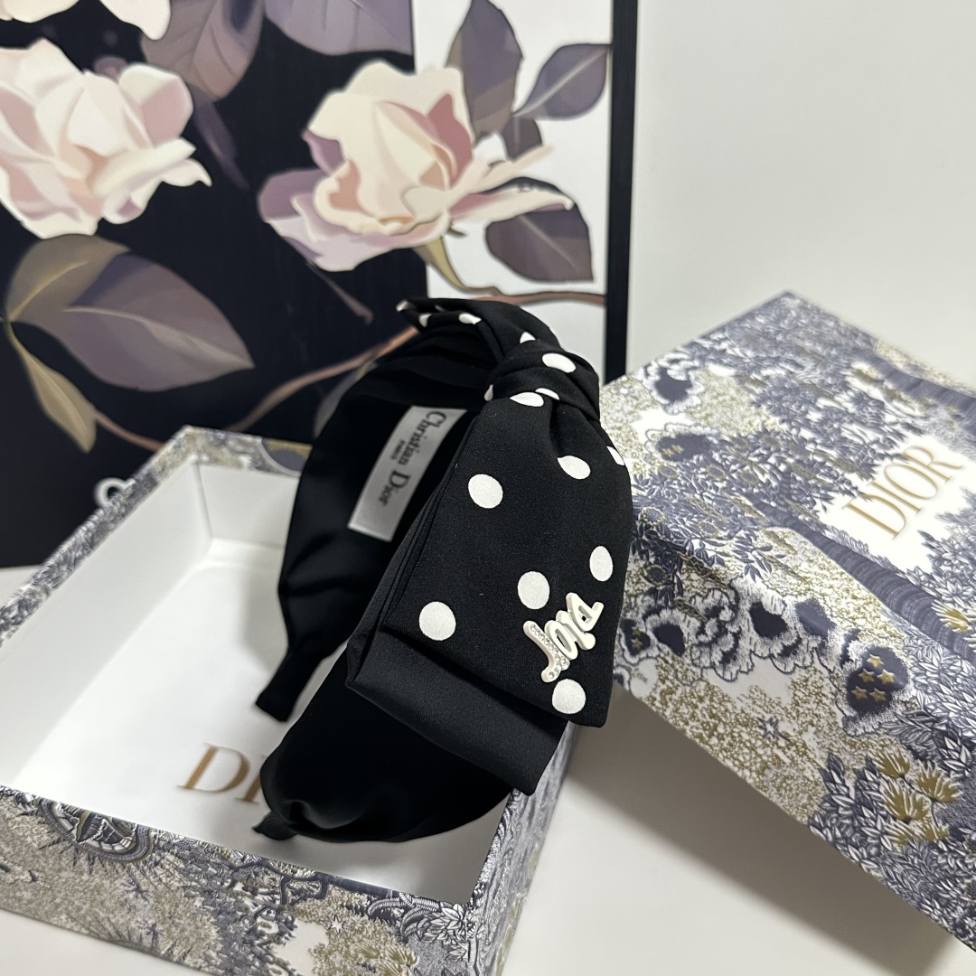 Black Polka Dot Satin Bow Headband – Retro French Style with Dior-Inspired Logo - Image 6