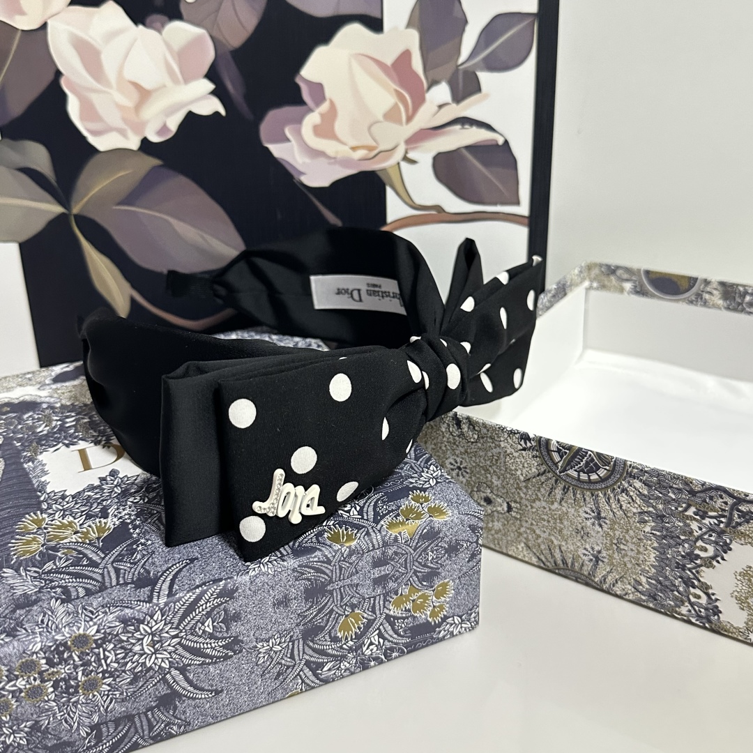 Black Polka Dot Satin Bow Headband – Retro French Style with Dior-Inspired Logo - Image 7