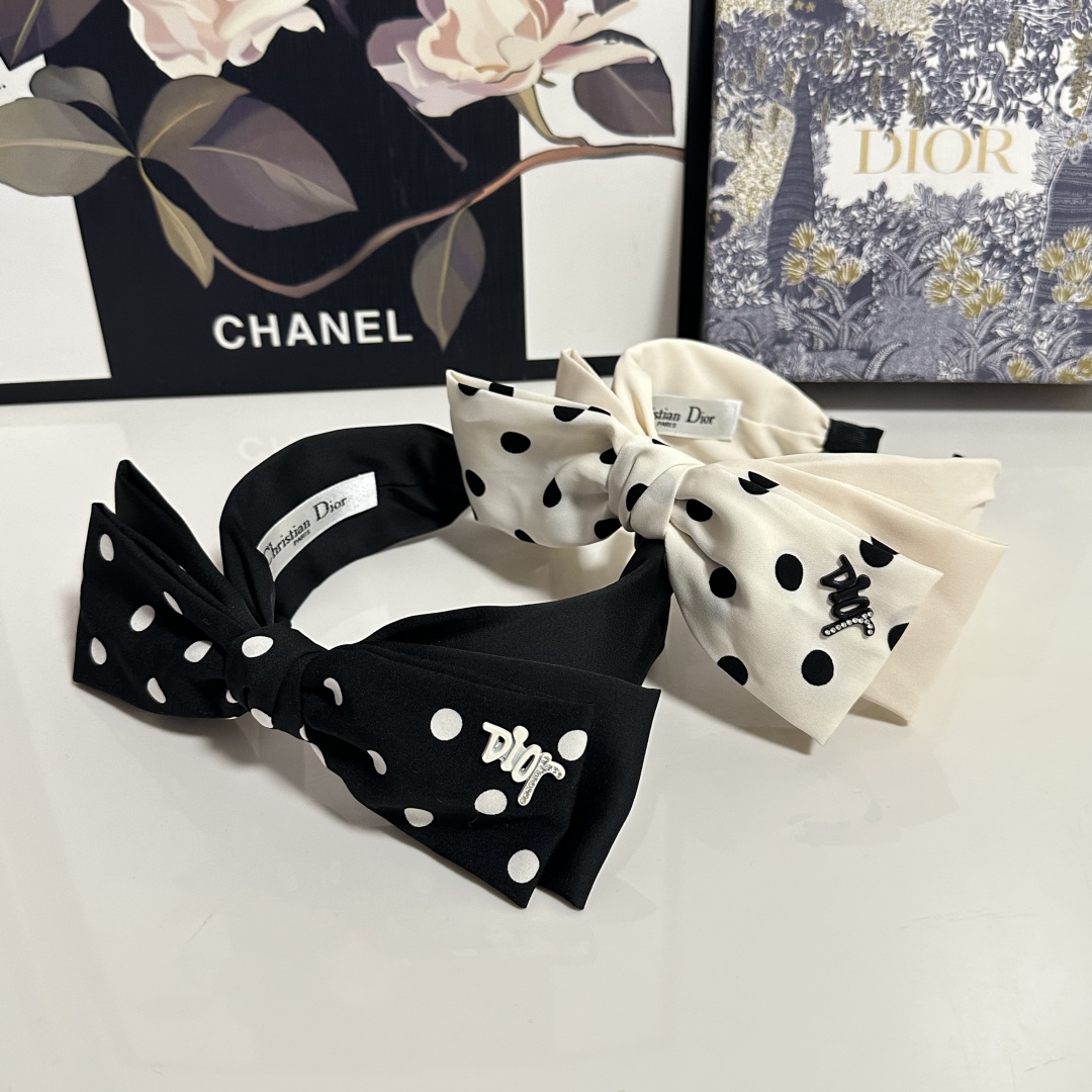 Black Polka Dot Satin Bow Headband – Retro French Style with Dior-Inspired Logo - Image 8