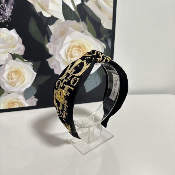 Black & Gold Dior-Inspired Monogram Headband – Embroidered Detail with Signature Charm
