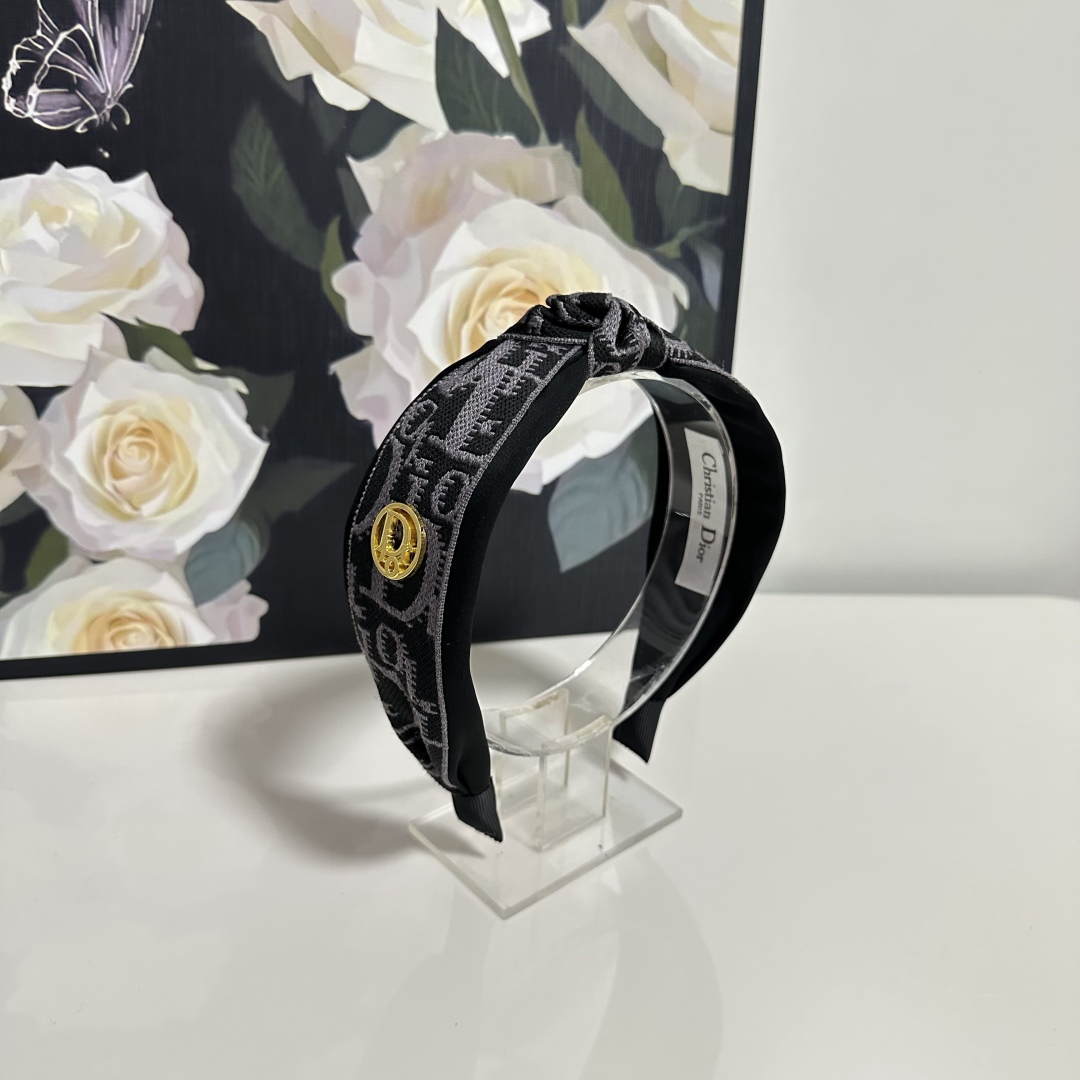 Black & Grey Dior-Inspired Monogram Headband – Embroidered Satin with Gold Charm Detail