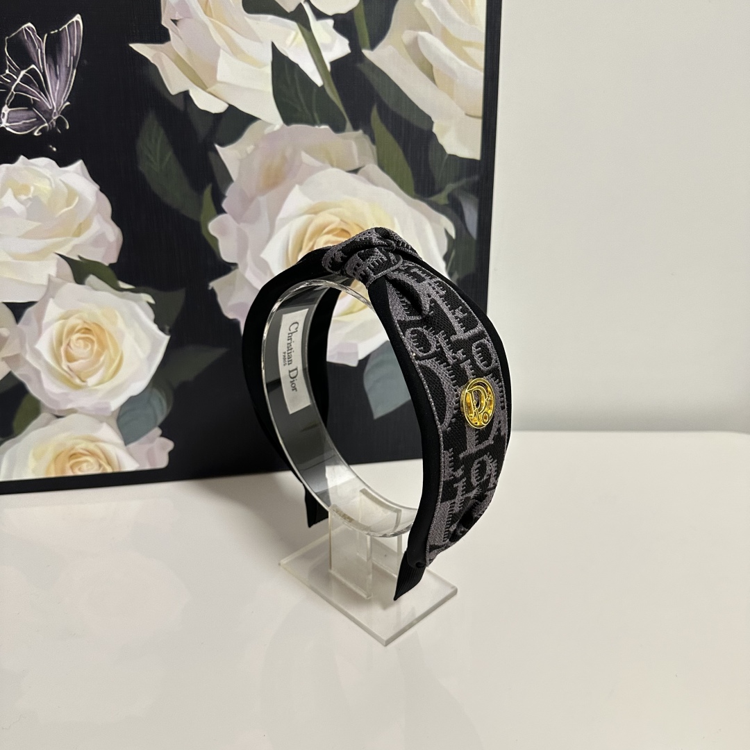 Black & Grey Dior-Inspired Monogram Headband – Embroidered Satin with Gold Charm Detail - Image 2