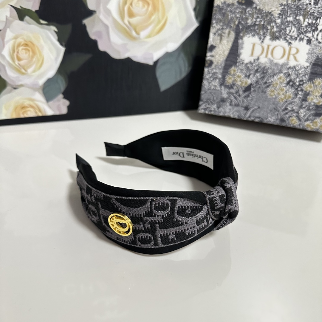 Black & Grey Dior-Inspired Monogram Headband – Embroidered Satin with Gold Charm Detail - Image 3