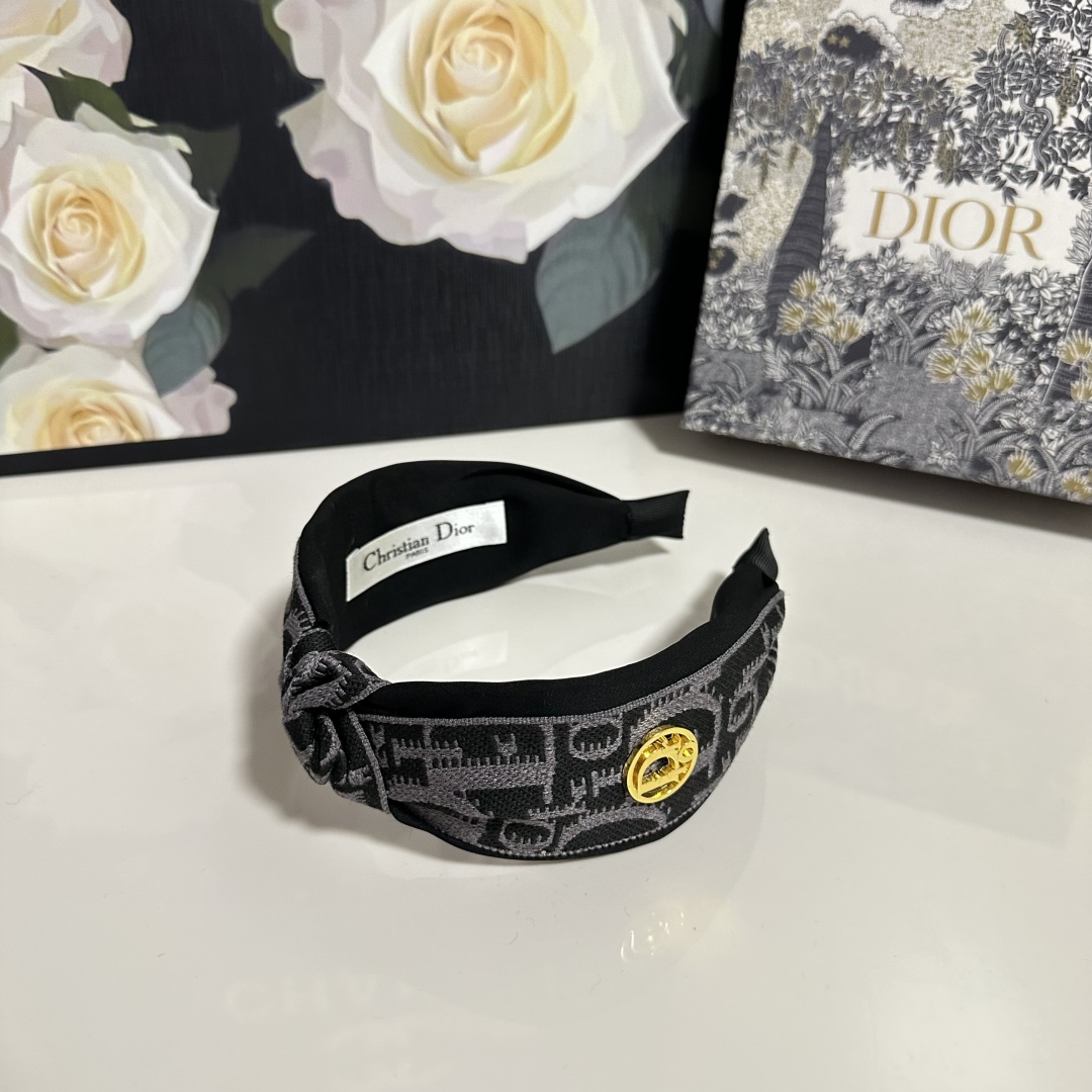 Black & Grey Dior-Inspired Monogram Headband – Embroidered Satin with Gold Charm Detail - Image 4