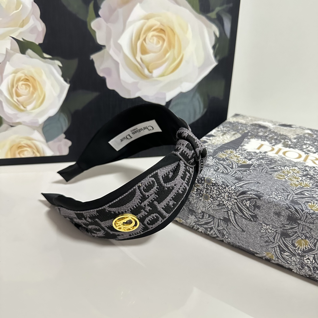 Black & Grey Dior-Inspired Monogram Headband – Embroidered Satin with Gold Charm Detail - Image 5