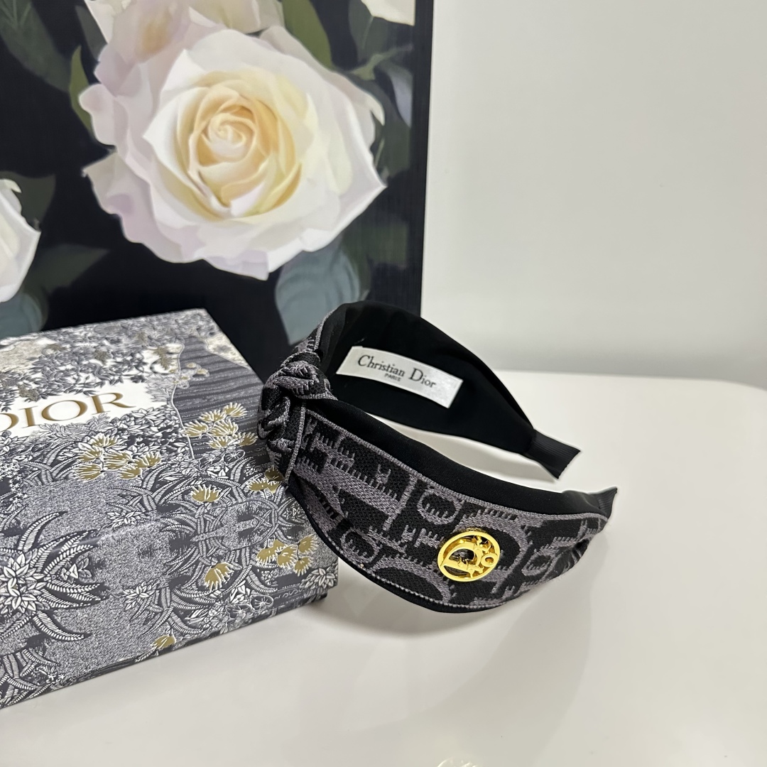 Black & Grey Dior-Inspired Monogram Headband – Embroidered Satin with Gold Charm Detail - Image 6