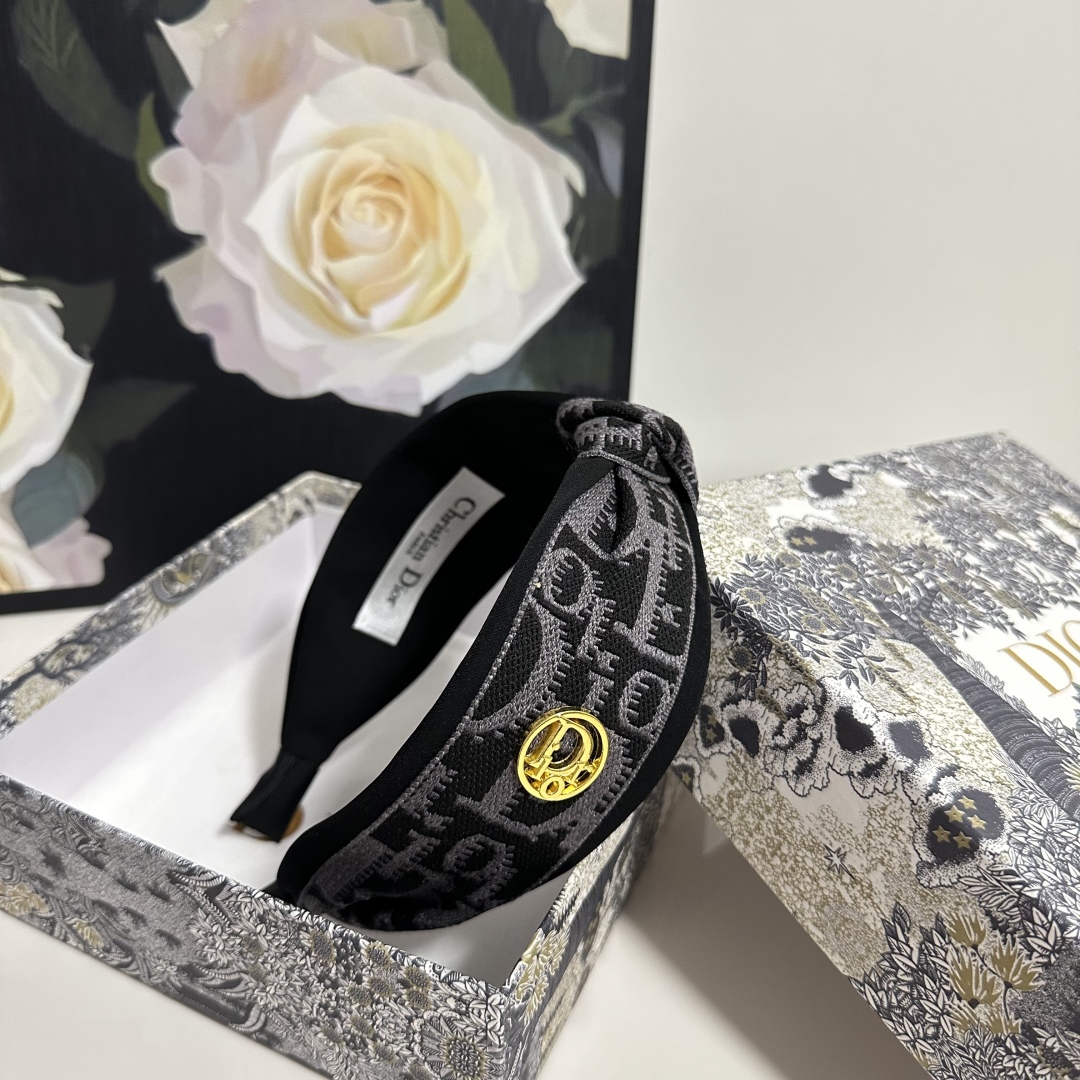 Black & Grey Dior-Inspired Monogram Headband – Embroidered Satin with Gold Charm Detail - Image 7