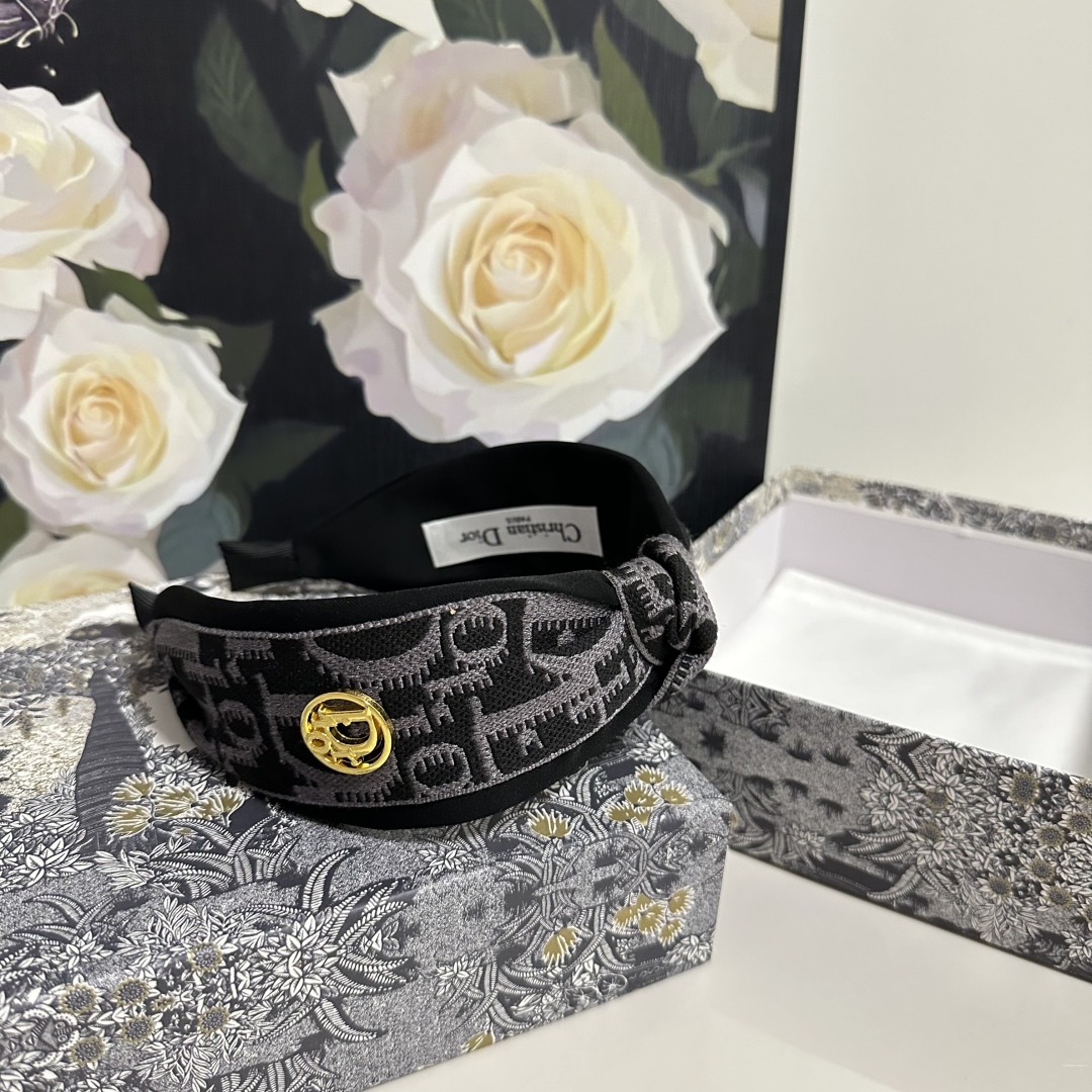 Black & Grey Dior-Inspired Monogram Headband – Embroidered Satin with Gold Charm Detail - Image 8