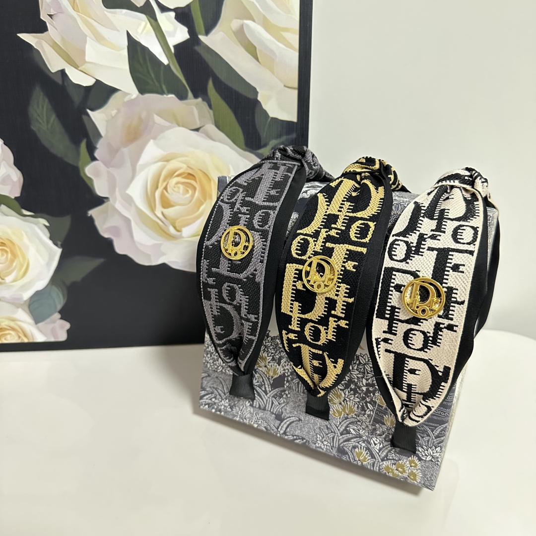 Black & Grey Dior-Inspired Monogram Headband – Embroidered Satin with Gold Charm Detail - Image 9