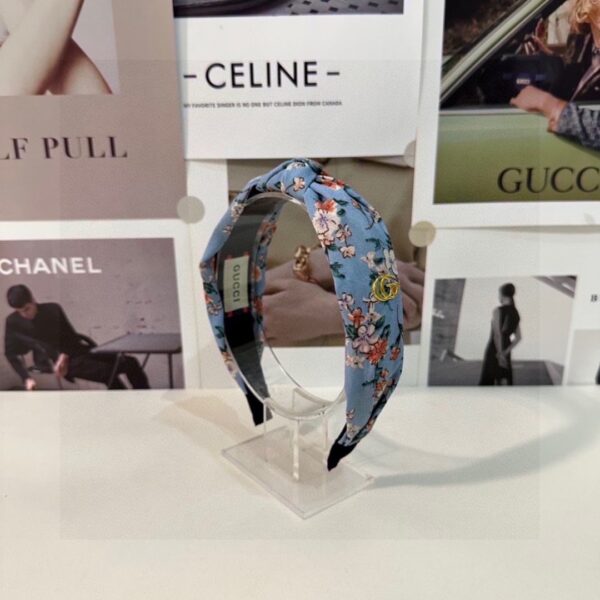 Blue Floral Satin Headband – Custom Fabric with Gold GG-Inspired Emblem