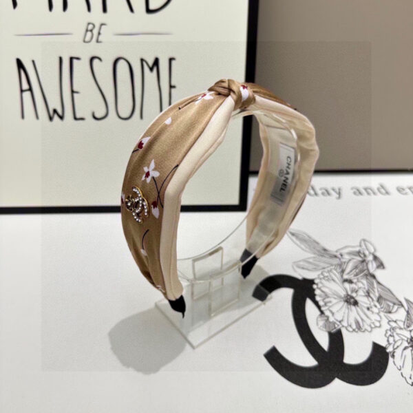 Beige Floral Satin Headband – Knotted Design with Crystal Logo Accent
