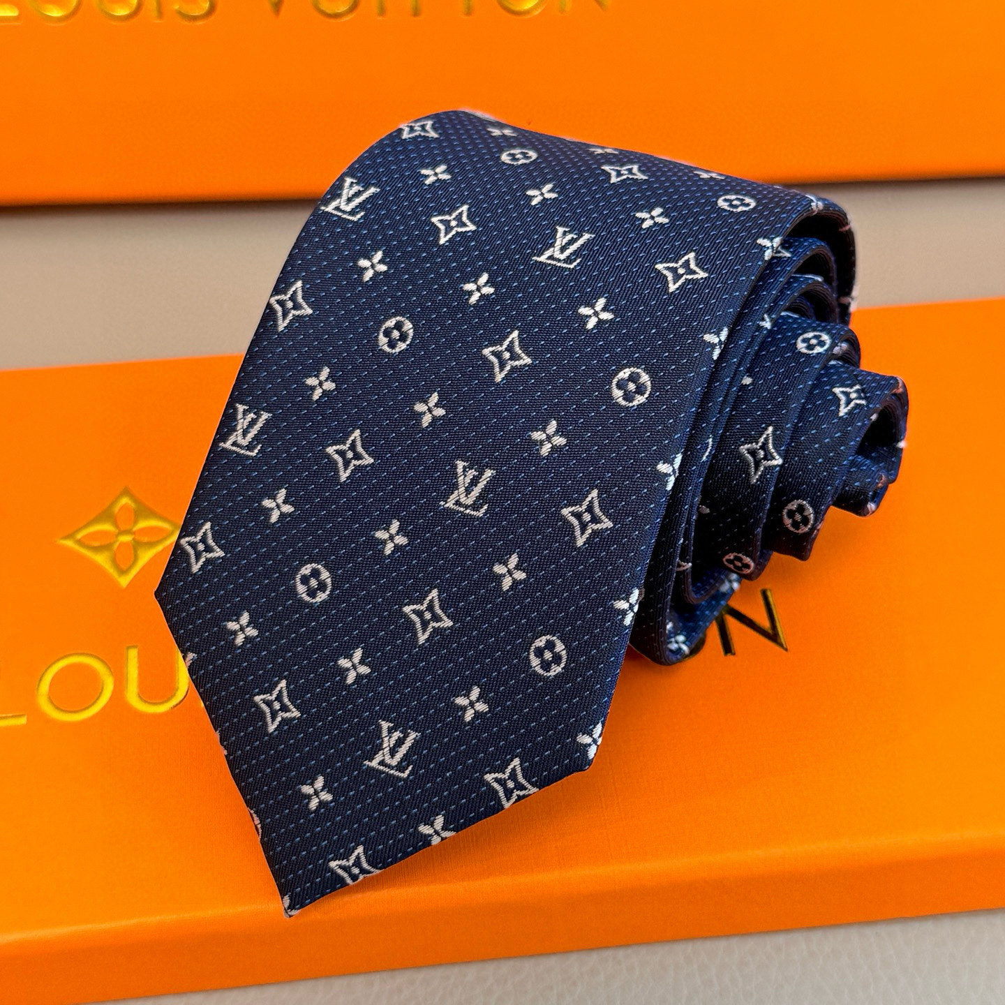 Louis Vuitton Navy Blue Silk Tie with White Monogram Jacquard Pattern