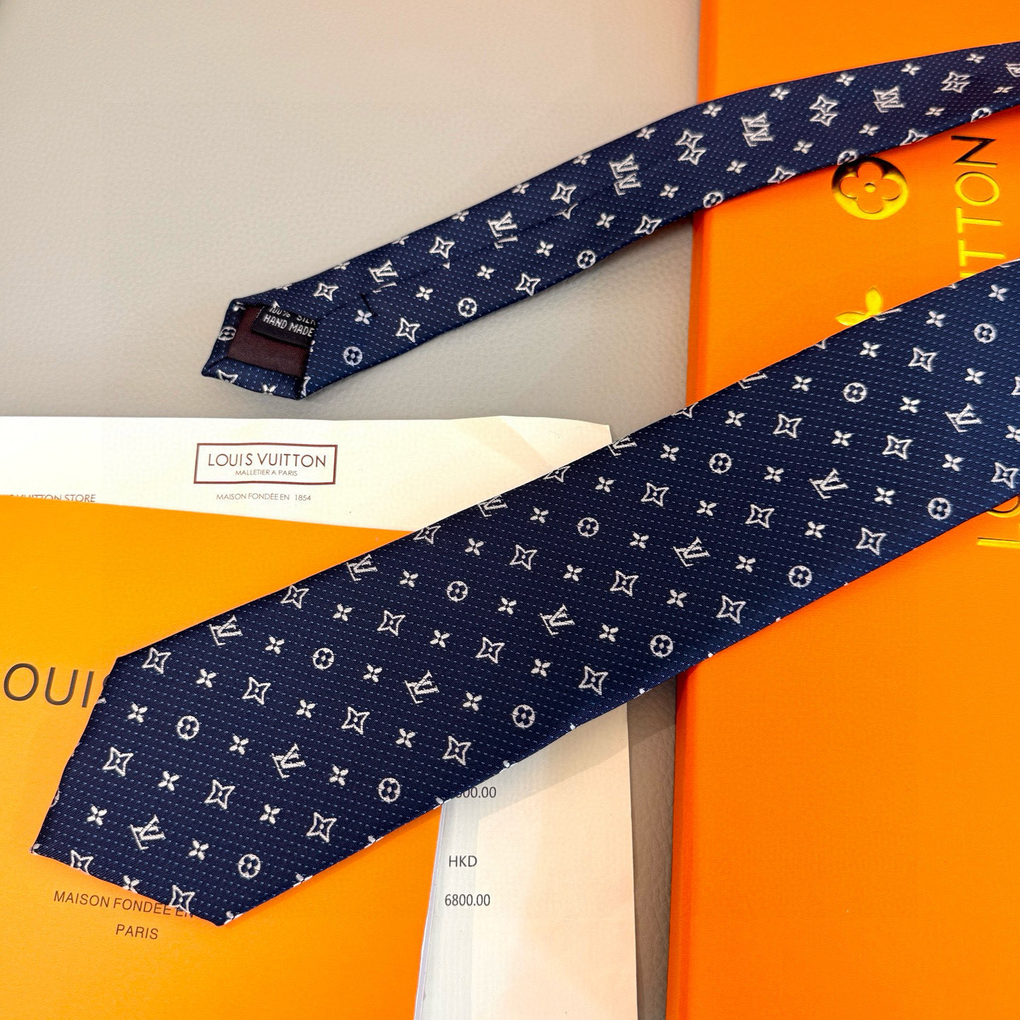 Louis Vuitton Navy Blue Silk Tie with White Monogram Jacquard Pattern - Image 5