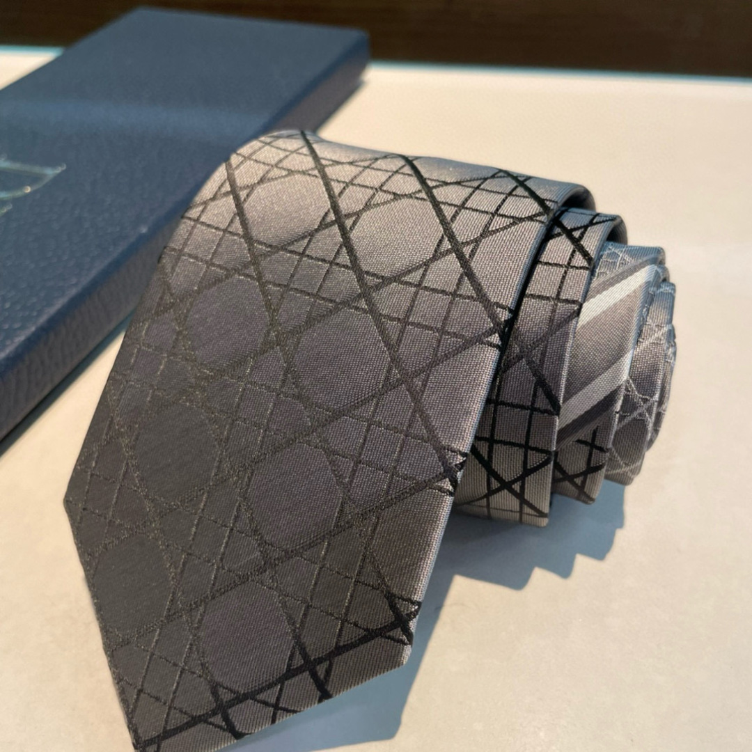 Dior Grey Silk Tie with Signature Cannage Lattice Motif