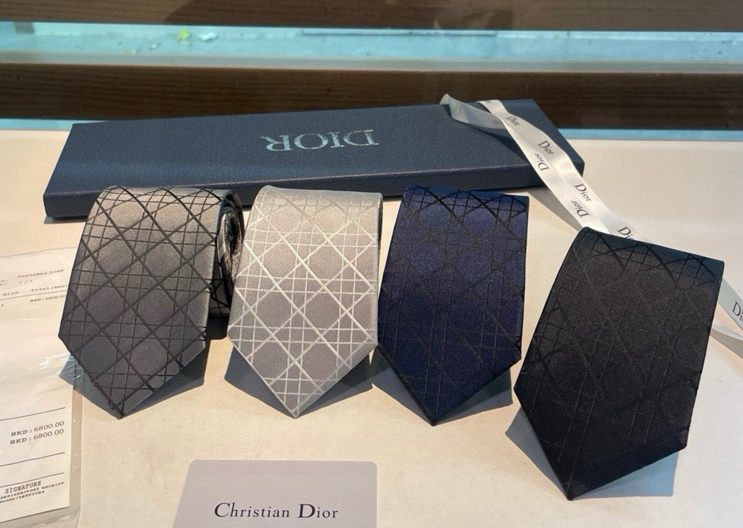 Dior Black Cannage Silk Tie with Tonal Geometric Pattern - Image 2