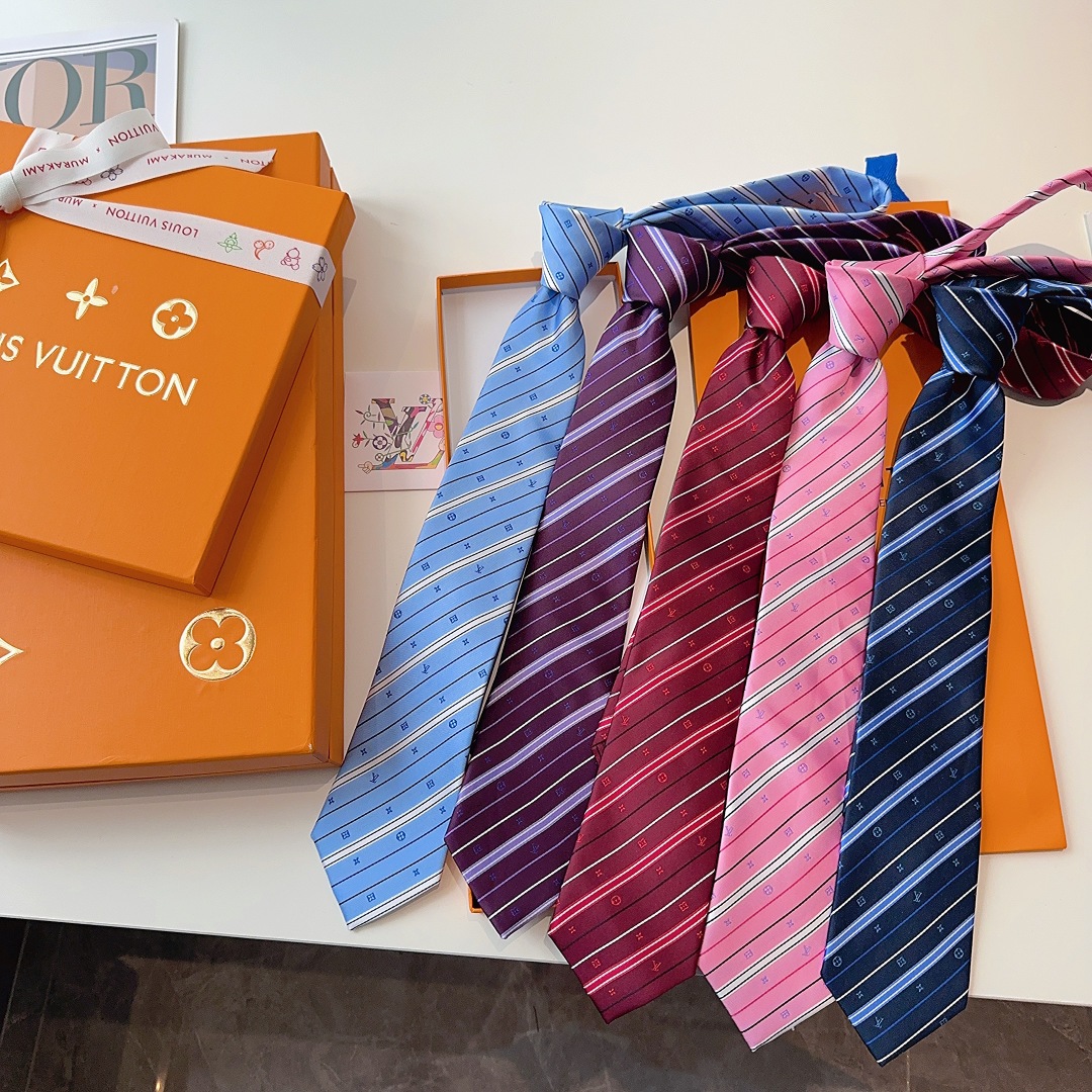 Louis Vuitton Light Blue Silk Tie with Monogram Stripe Detail - Image 8