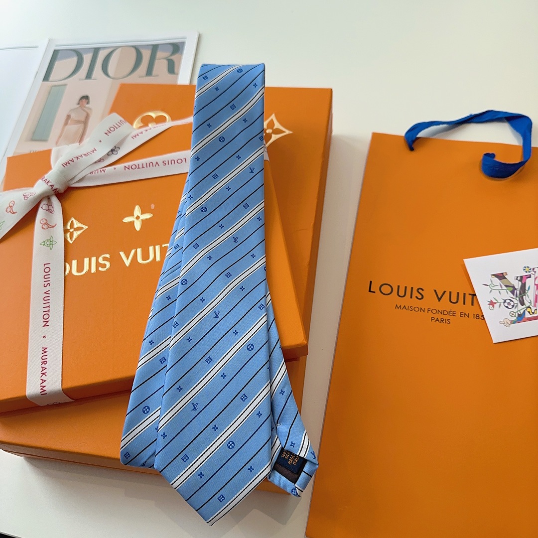 Louis Vuitton Light Blue Silk Tie with Monogram Stripe Detail - Image 2