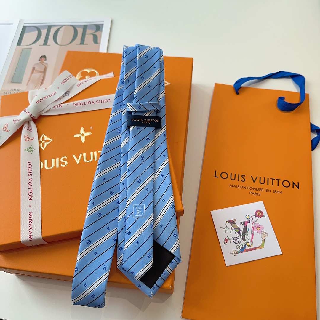 Louis Vuitton Light Blue Silk Tie with Monogram Stripe Detail - Image 3