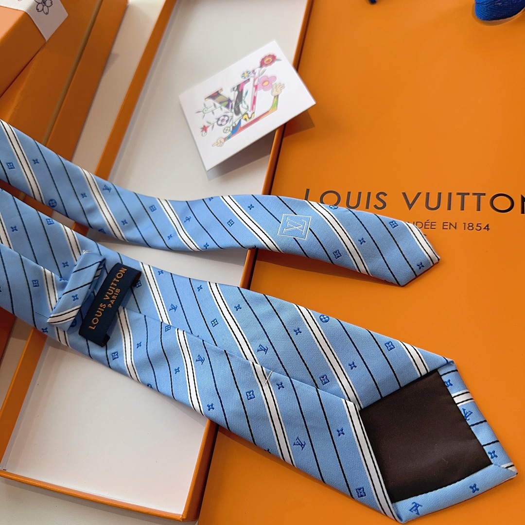 Louis Vuitton Light Blue Silk Tie with Monogram Stripe Detail - Image 4