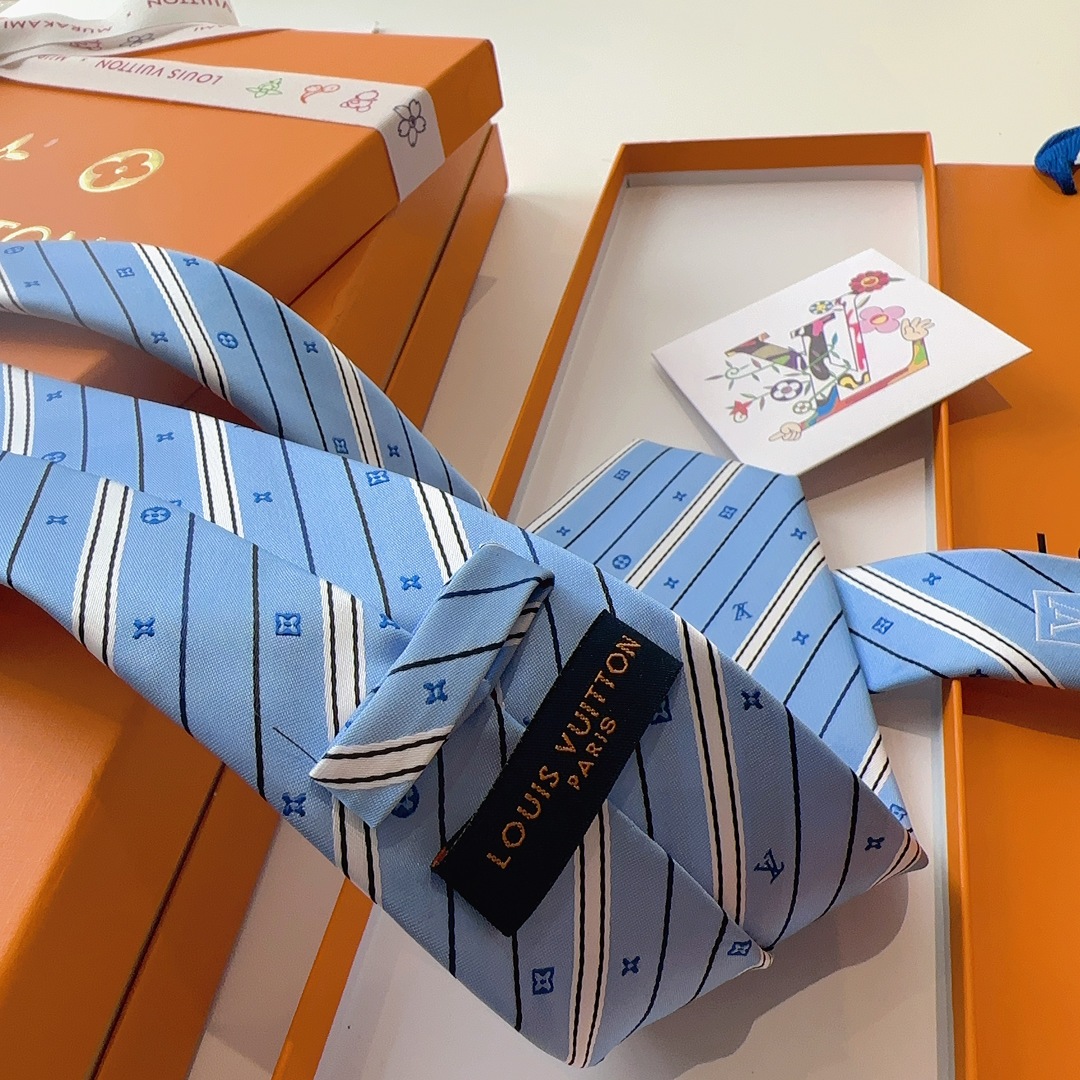Louis Vuitton Light Blue Silk Tie with Monogram Stripe Detail - Image 5