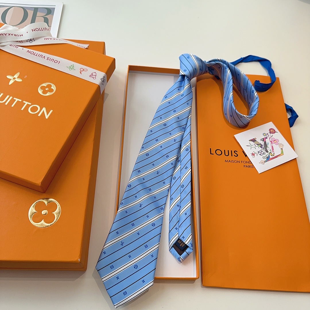 Louis Vuitton Light Blue Silk Tie with Monogram Stripe Detail - Image 6