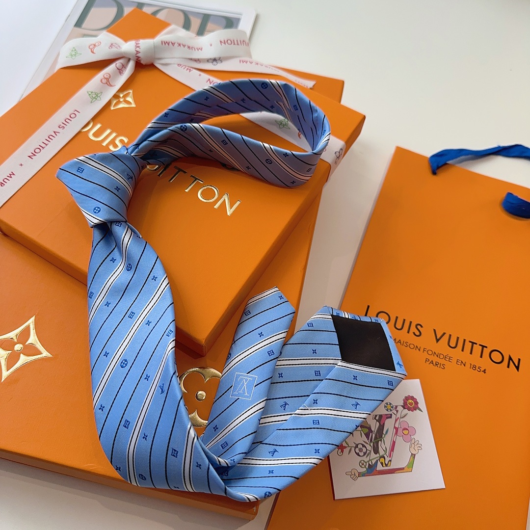 Louis Vuitton Light Blue Silk Tie with Monogram Stripe Detail - Image 7
