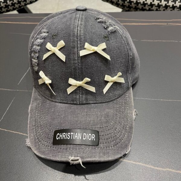 Dior Charcoal Washed Denim Baseball Cap with Satin Bows