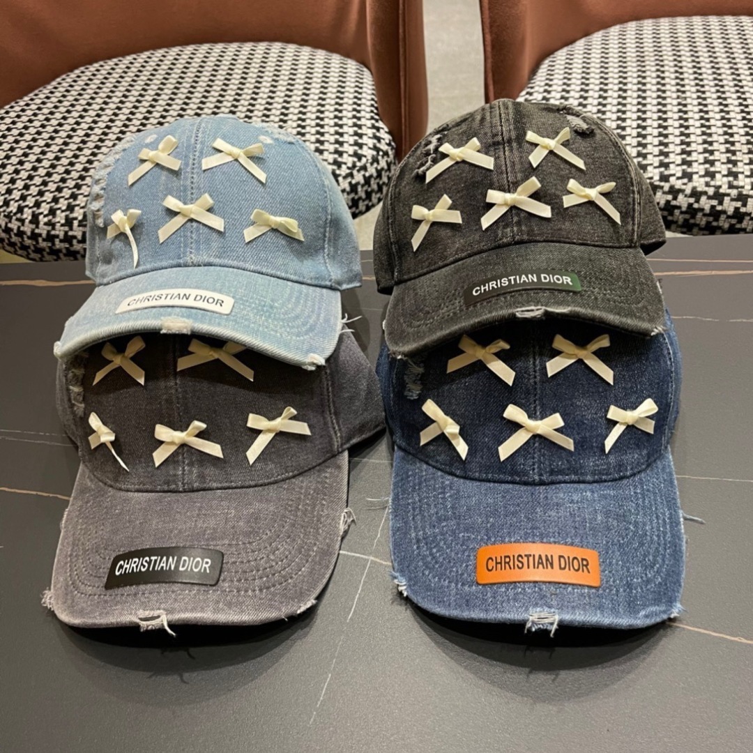Dior Pale Blue Distressed Denim Baseball Cap with Satin Bows - Image 2