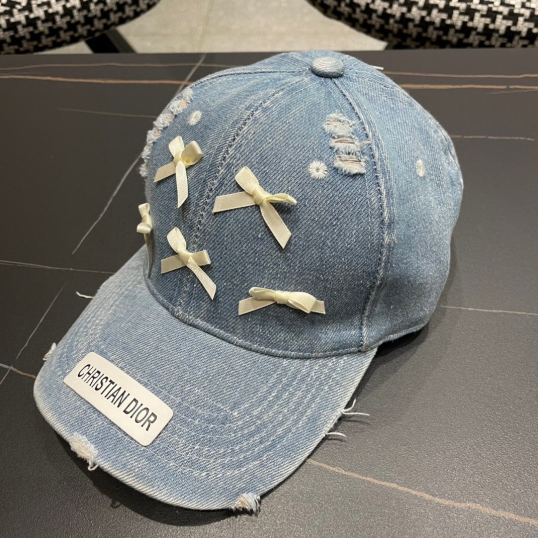 Dior Pale Blue Distressed Denim Baseball Cap with Satin Bows - Image 3