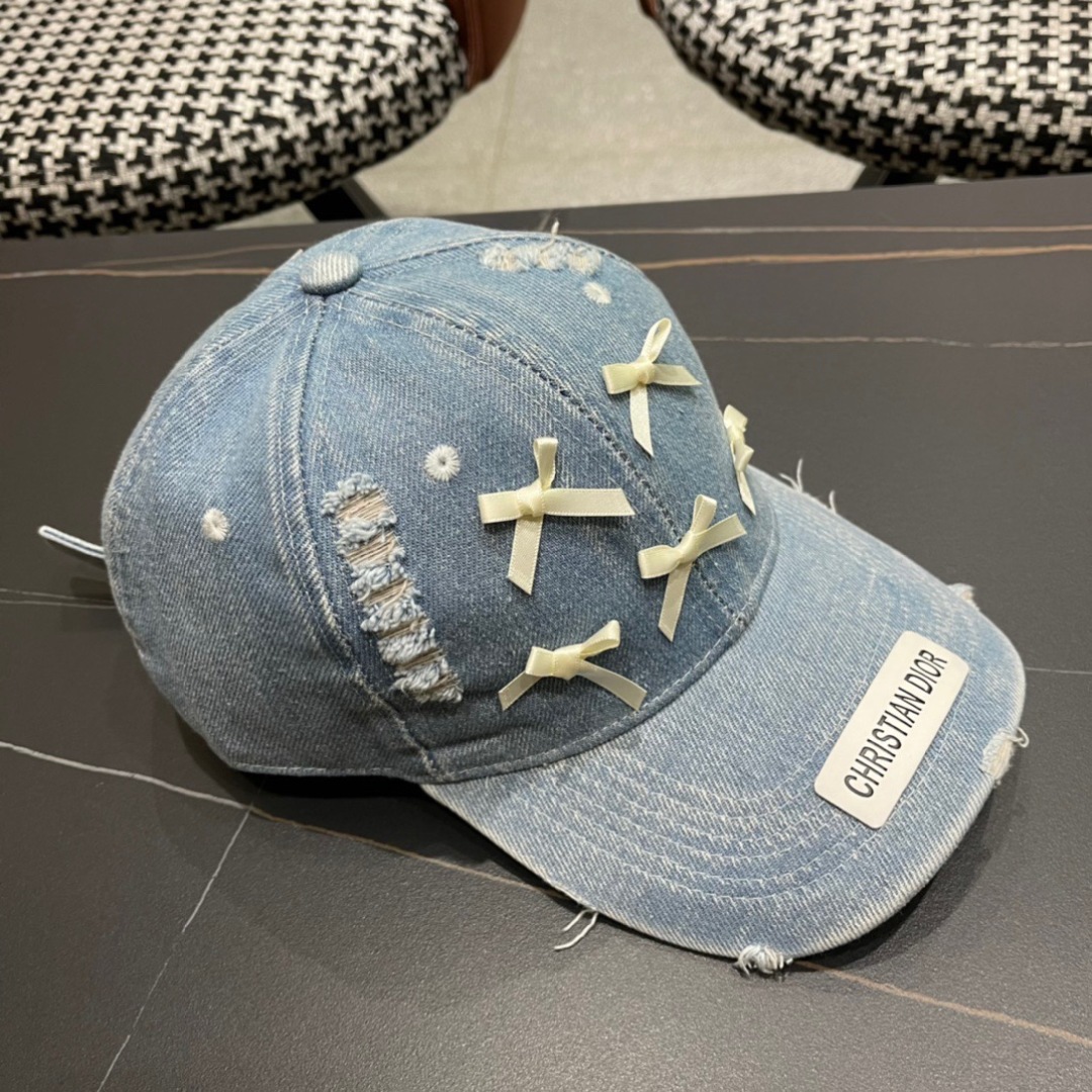 Dior Pale Blue Distressed Denim Baseball Cap with Satin Bows - Image 4