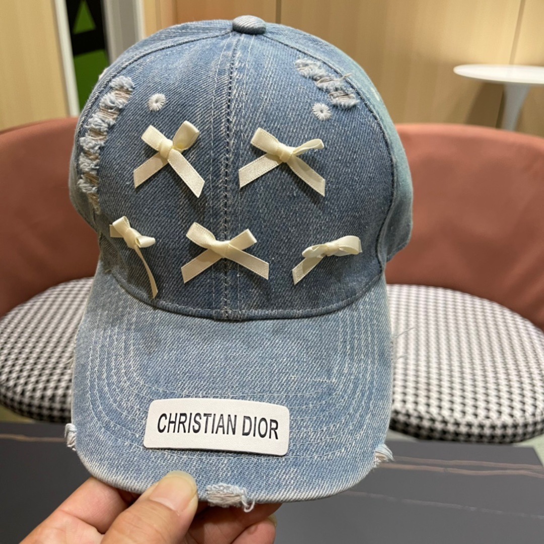 Dior Pale Blue Distressed Denim Baseball Cap with Satin Bows - Image 5