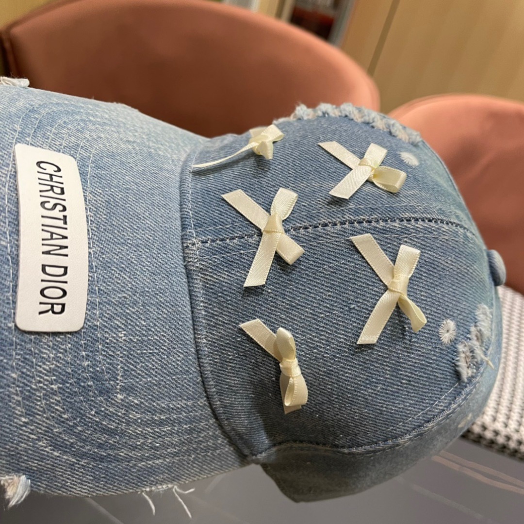 Dior Pale Blue Distressed Denim Baseball Cap with Satin Bows - Image 6