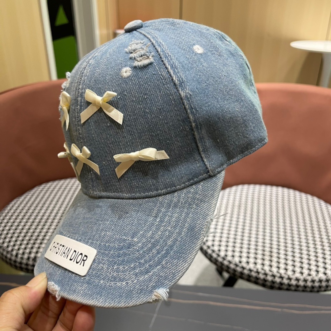 Dior Pale Blue Distressed Denim Baseball Cap with Satin Bows - Image 7