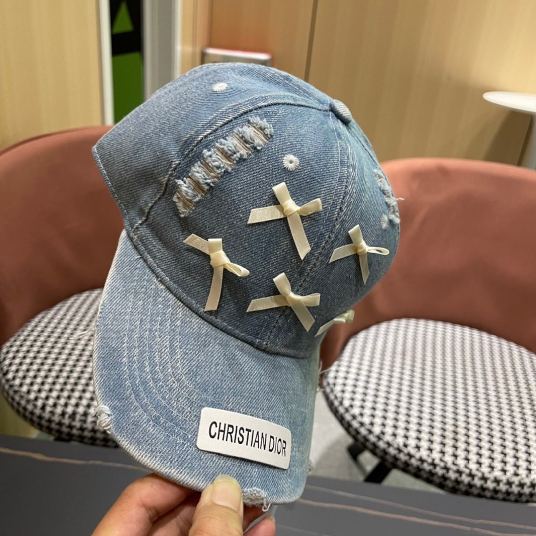 Dior Pale Blue Distressed Denim Baseball Cap with Satin Bows - Image 8