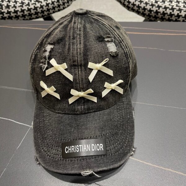 Dior Denim Baseball Cap with Ivory Bows and Distressed Detail