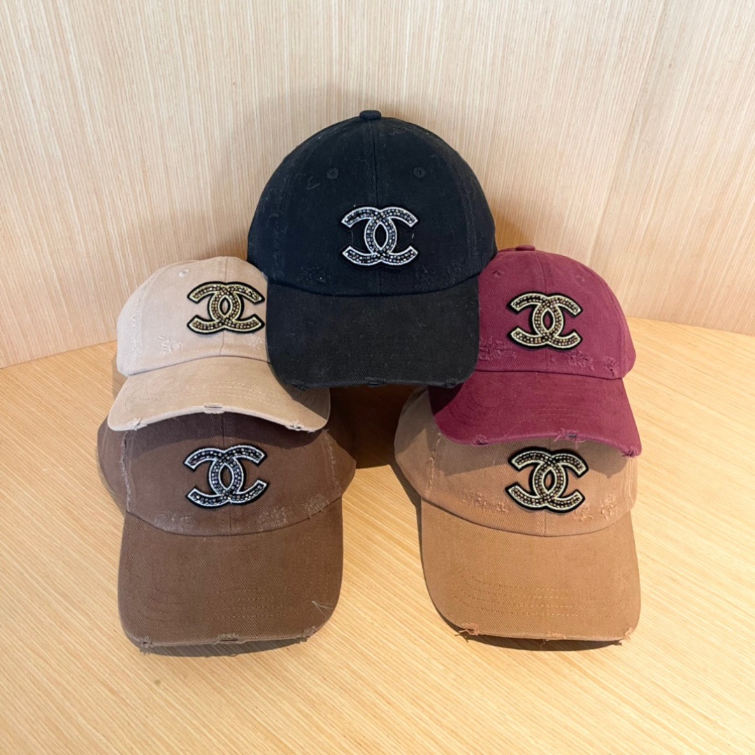 CHANEL Distressed Khaki Cotton Cap with Crystal Double-C Logo - Image 2