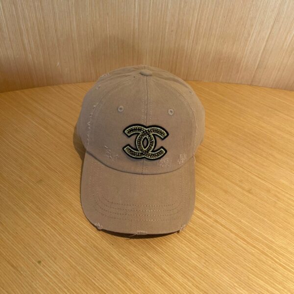 CHANEL Distressed Khaki Cotton Cap with Crystal Double-C Logo